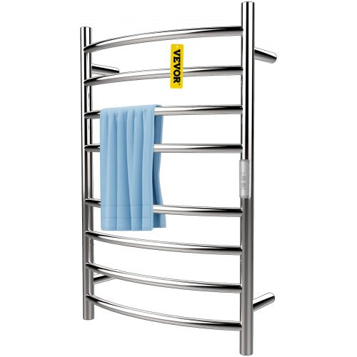 Heated Towel Rack, 8 Bars Curved Design, Mirror Polished Stainless Steel Electric Towel Warmer with Built-In Timer, Wall-Mounted for Bathroom, Plug-In/Hardwired, CE Certificated, Silver
