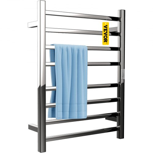 Heated Towel Rack, 8 Bars Design, Mirror Polished Stainless Steel Electric Towel Warmer with Built-In Timer, Wall-Mounted for Bathroom, Plug-In/Hardwired, CE Certificated, Silver