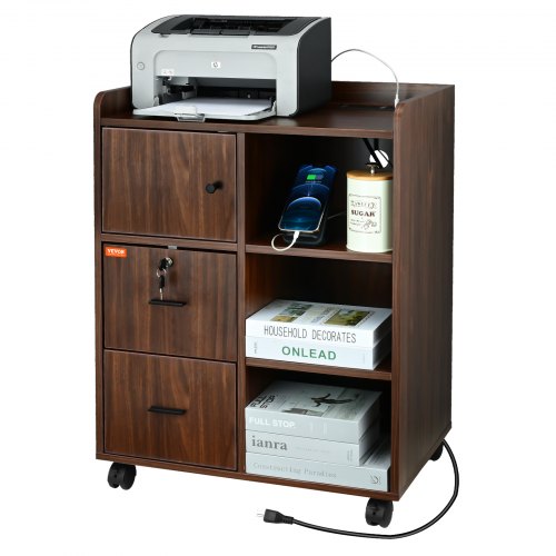 Wood File Cabinet, Mobile Printer Cabinet 3-Drawer, with 2 Outlets and 2 USB Ports, Printer Stand with Open Storage Shelves for Home Office, Rustic Brown, EPA and CARB certified