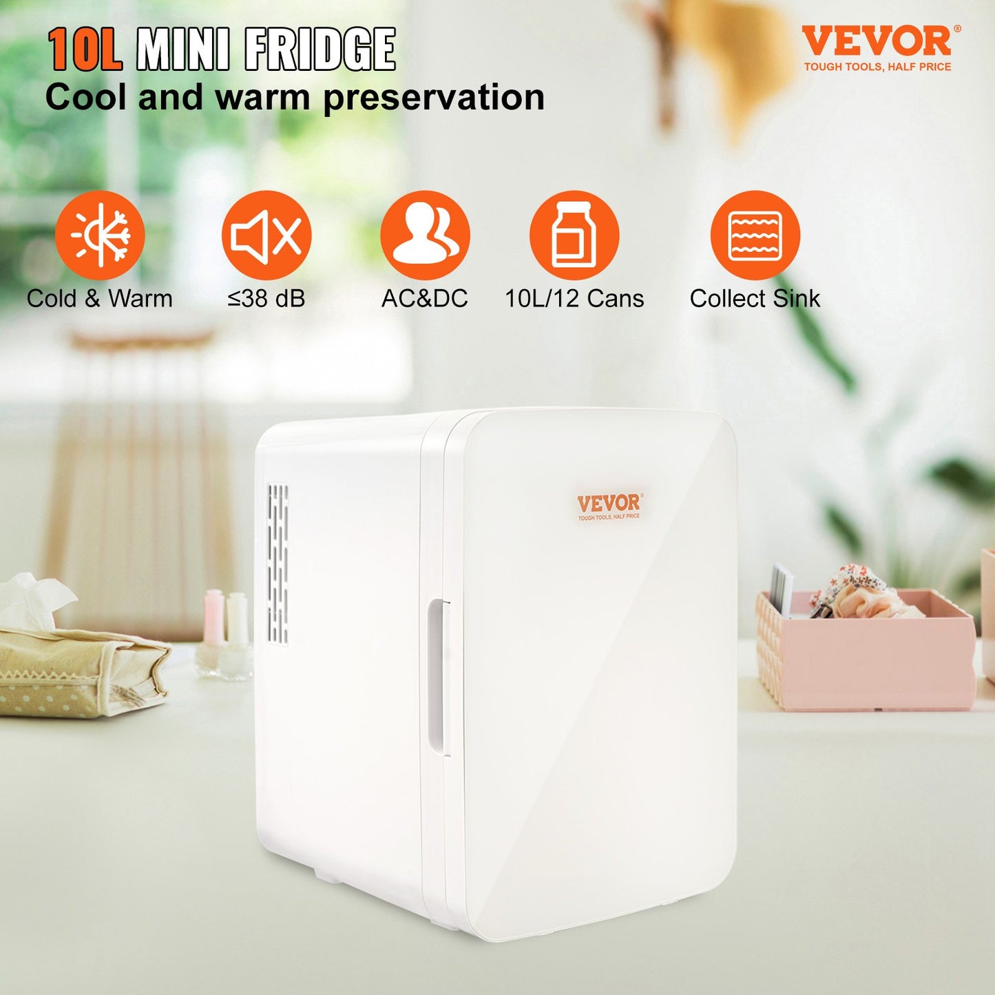 Mini Fridge, 10L/12 Cans Compact Personal Fridge, AC/DC Portable Thermoelectric Cooler and Warmer Refrigerators, Skincare Fridge for Beverage, Snacks, Home, Office and Car, CE Listed (White)