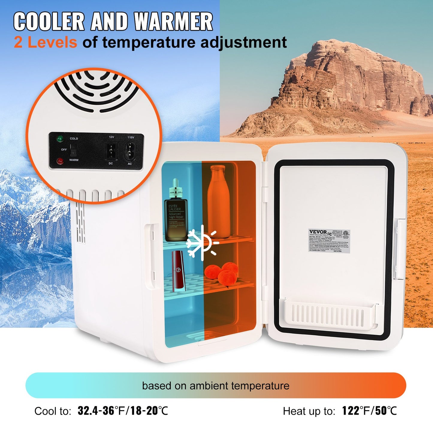Mini Fridge, 10L/12 Cans Compact Personal Fridge, AC/DC Portable Thermoelectric Cooler and Warmer Refrigerators, Skincare Fridge for Beverage, Snacks, Home, Office and Car, CE Listed (White)