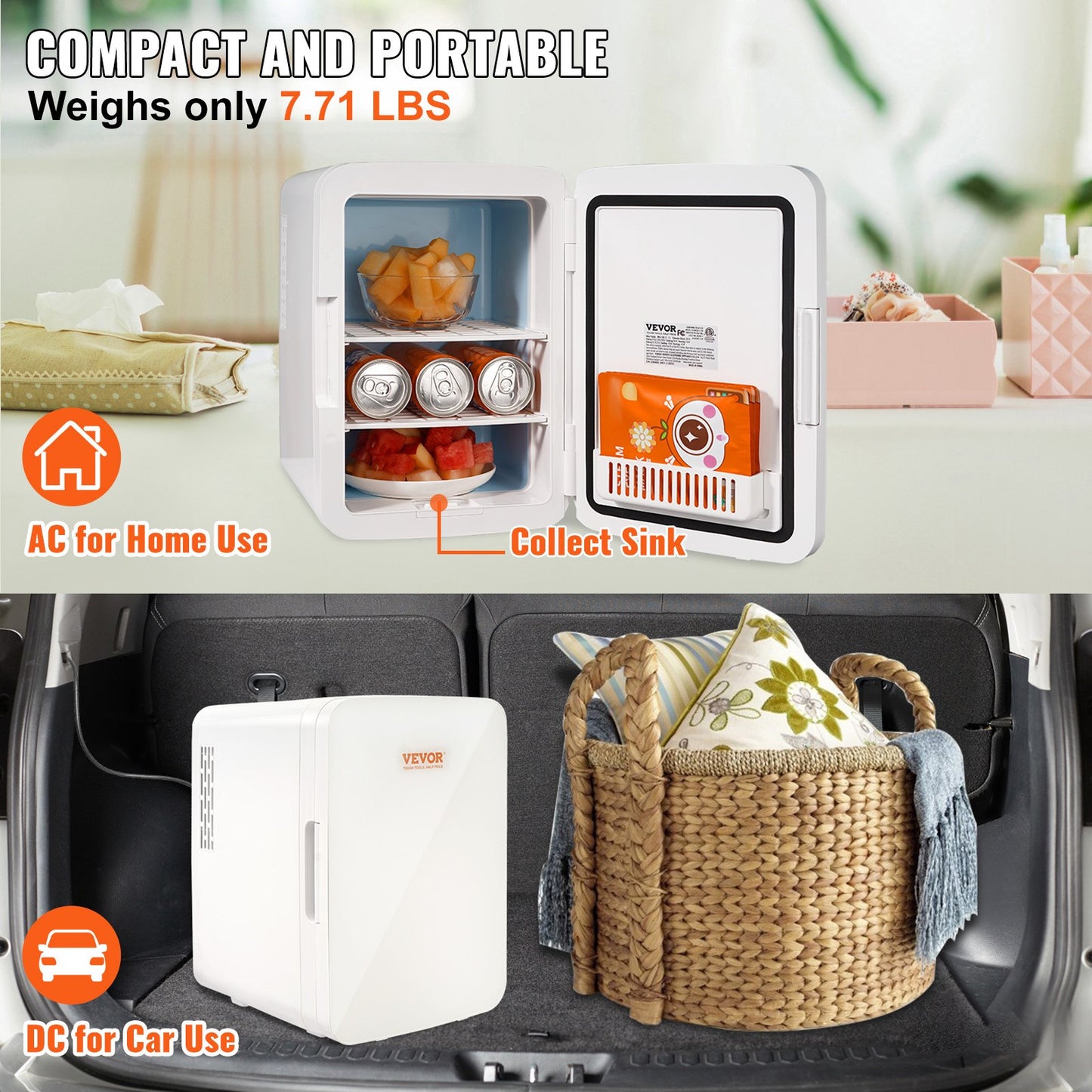 Mini Fridge, 10L/12 Cans Compact Personal Fridge, AC/DC Portable Thermoelectric Cooler and Warmer Refrigerators, Skincare Fridge for Beverage, Snacks, Home, Office and Car, CE Listed (White)