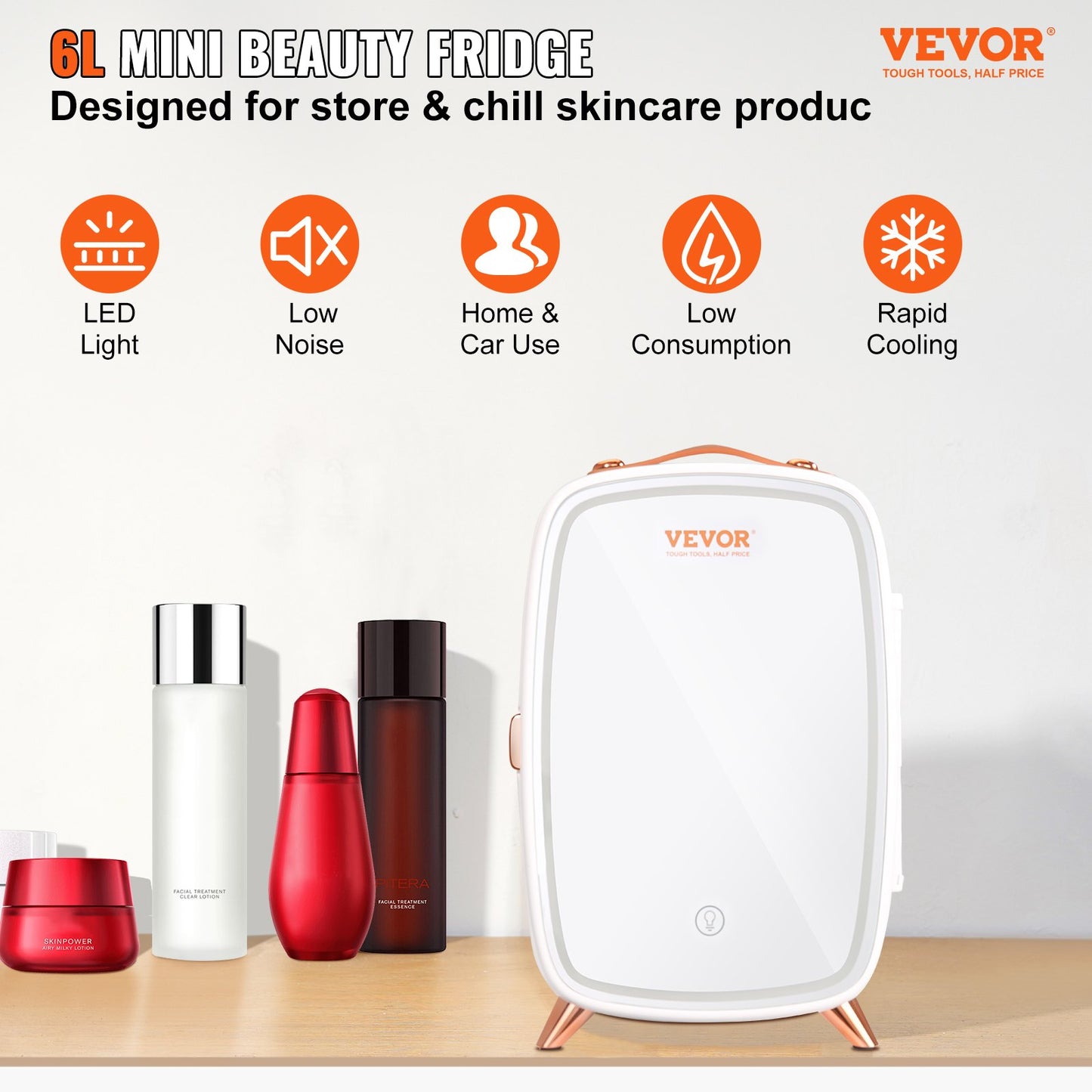 Mini Fridge, 6L/8 Cans Compact Personal Fridge, AC/DC Portable Thermoelectric Cooler and Warmer Refrigerators, Skincare Fridge for Beverage, Snacks, Home, Office and Car, CE Listed (White)