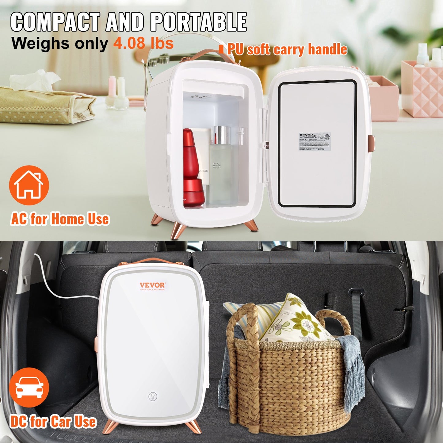 Mini Fridge, 6L/8 Cans Compact Personal Fridge, AC/DC Portable Thermoelectric Cooler and Warmer Refrigerators, Skincare Fridge for Beverage, Snacks, Home, Office and Car, CE Listed (White)