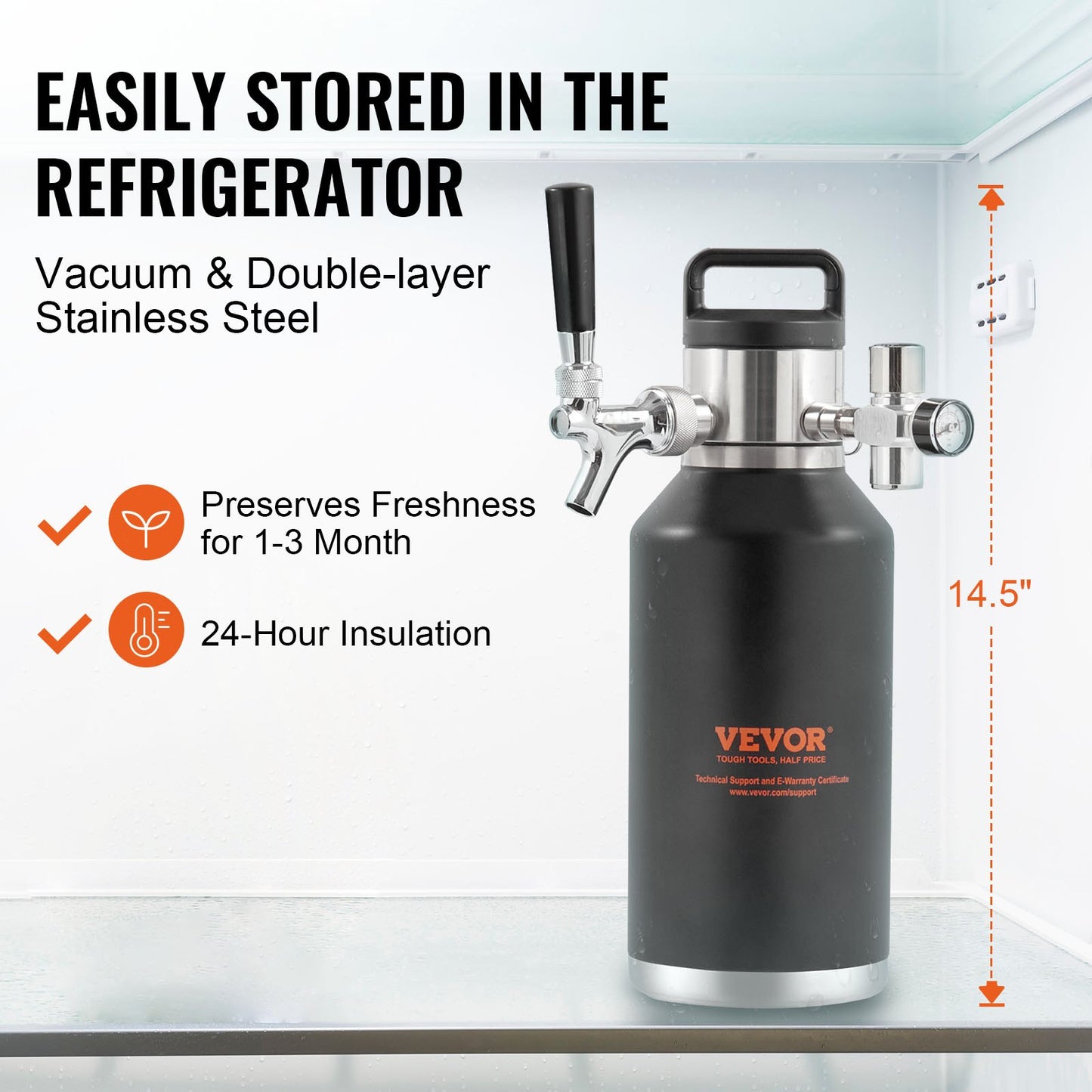 Beer Growler Tap System, 64Oz 1.89L Mini Keg, 304 Stainless Steel Pressurized Beer Growler, Keg Growler with Pressure Display, CO2 Regulator Faucet, Leak-Proof Ring For Draft Homebrew Craft Beer