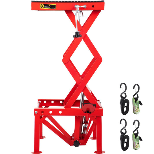 Motorcycle Jack, Hydraulic Motorcycle Scissor Jack with 300LBS Load Capacity, Portable Lift Table, Adjustable Motorcycle Lift Jack, Red Motorcycle Lift Stand with Fastening Straps