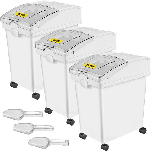 Ingredient Bin, 5.5 Gallons Capacity Ingredient Storage Bin, PP Material Flour Bins On Wheels, White Shelf Ingredient Bin with Scoop and Sliding Lid, Commercial Storage Bins, 3 Pcs/Set