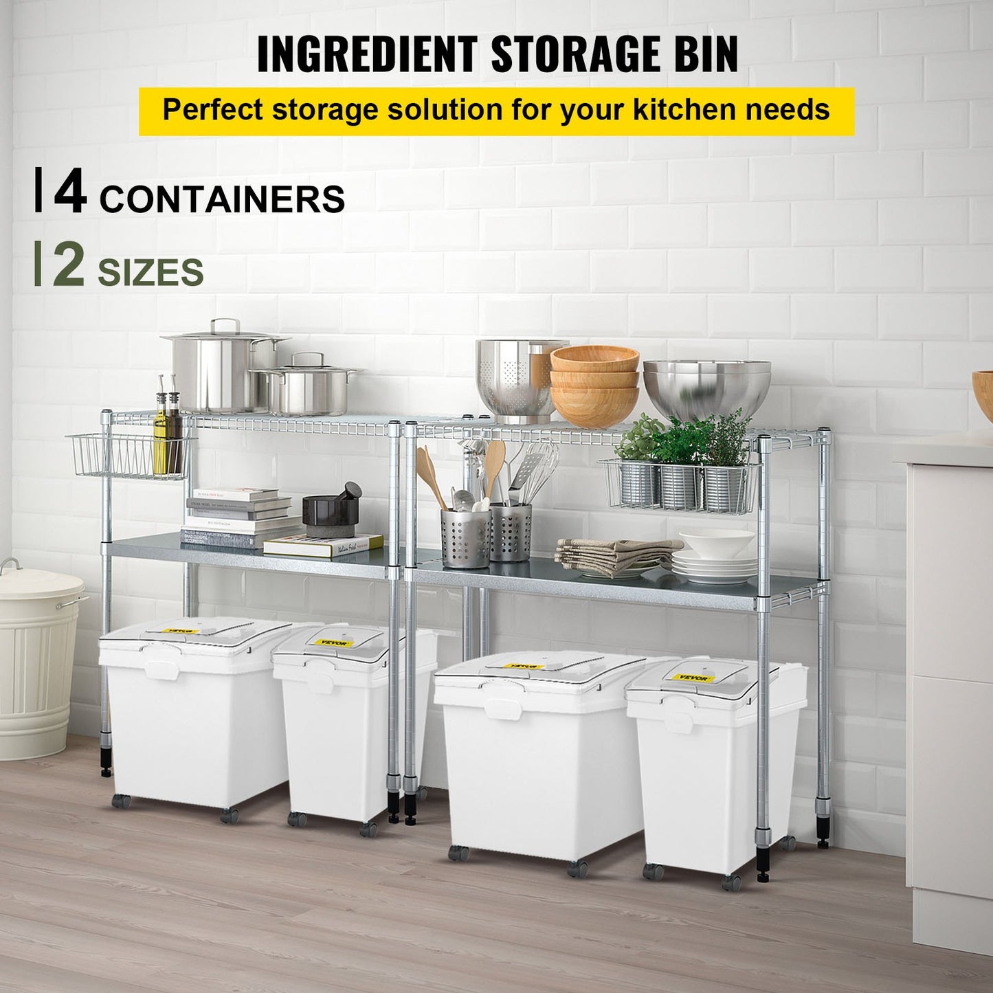Ingredient Bin, 8.8 Gallon and 5.5 Gallon Capacity Ingredient Storage Bin, PP Material Flour Bins On Wheels, White Shelf Ingredient Bin with Scoop, Commercial Storage Bins, 4 Pcs/Set