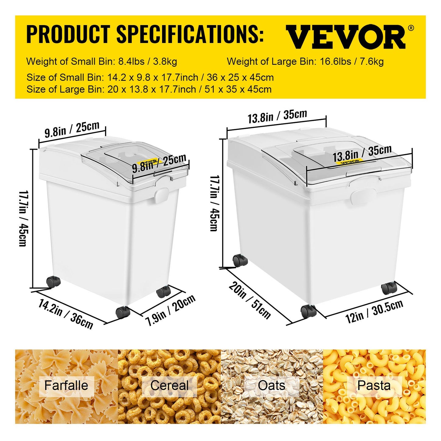 Ingredient Bin, 8.8 Gallon and 5.5 Gallon Capacity Ingredient Storage Bin, PP Material Flour Bins On Wheels, White Shelf Ingredient Bin with Scoop, Commercial Storage Bins, 4 Pcs/Set