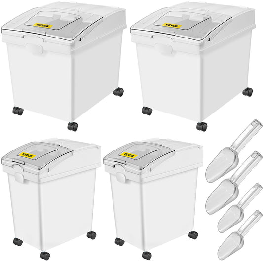 Ingredient Bin, 8.8 Gallon and 5.5 Gallon Capacity Ingredient Storage Bin, PP Material Flour Bins On Wheels, White Shelf Ingredient Bin with Scoop, Commercial Storage Bins, 4 Pcs/Set