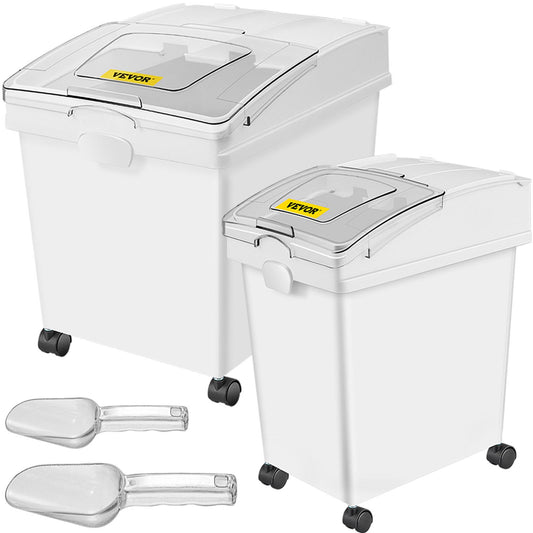 Ingredient Bin, 8.8 Gallon and 5.5 Gallon Capacity Ingredient Storage Bin, PP Material Flour Bins On Wheels, White Shelf Ingredient Bin with Scoop, Commercial Storage Bins, 2 Pcs/Set