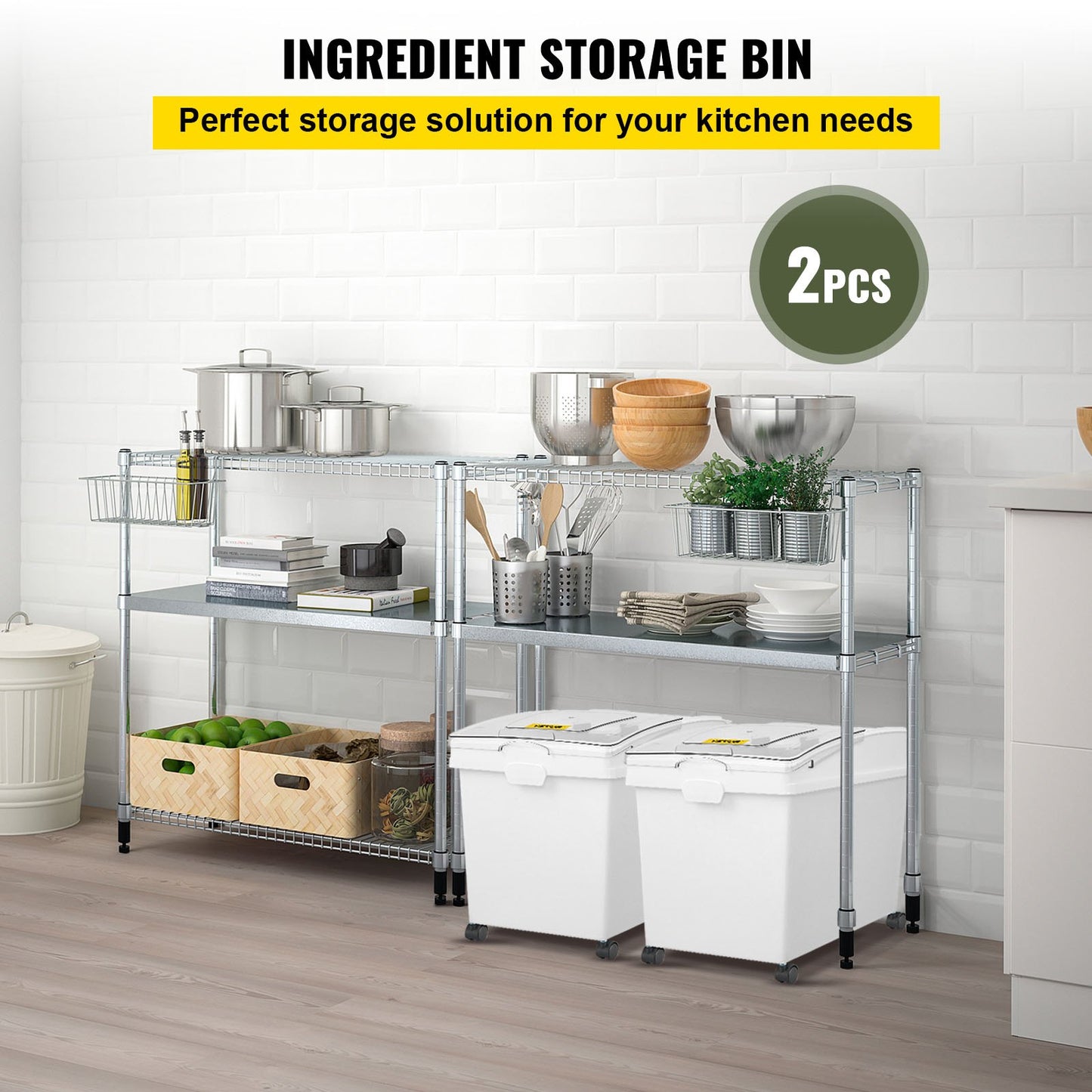 Ingredient Bin, 8.8 Gallons Capacity Ingredient Storage Bin, PP Material Flour Bins On Wheels, White Shelf Ingredient Bin with Scoop and Sliding Lid, Commercial Storage Bins, 2 Pcs/Set