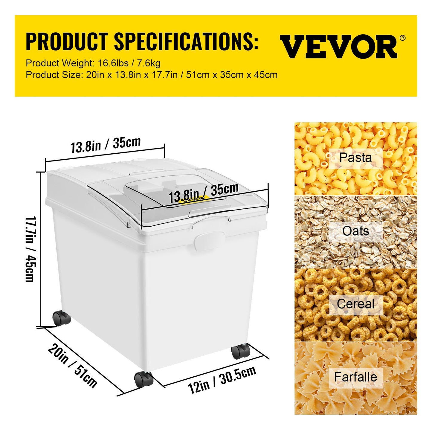 Ingredient Bin, 8.8 Gallons Capacity Ingredient Storage Bin, PP Material Flour Bins On Wheels, White Shelf Ingredient Bin with Scoop and Sliding Lid, Commercial Storage Bins, 2 Pcs/Set