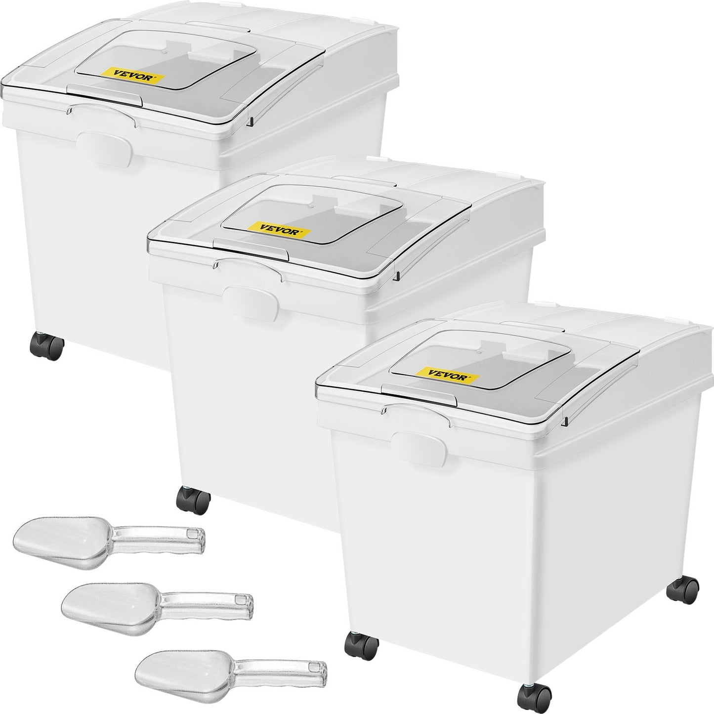 Ingredient Bin, 8.8 Gallons Capacity Ingredient Storage Bin, PP Material Flour Bins On Wheels, White Shelf Ingredient Bin with Scoop and Sliding Lid, Commercial Storage Bins, 3 Pcs/Set