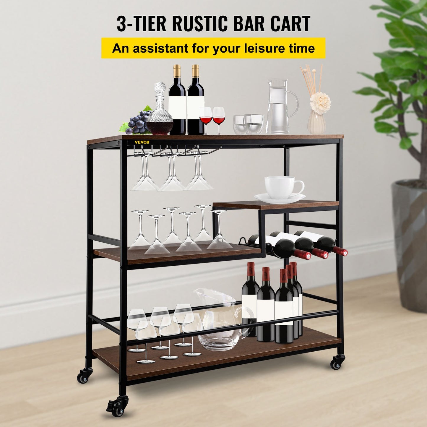 Rustic Bar Cart, 3-Tier Industrial Bar Cart for Home, Bar Cart with Wine Rack & Glass Holders, 35.4 x 15.7 x 37.4 inches Home Bar & Serving Carts, Wine Cart on Wheels, Glass Bar Cart Brown