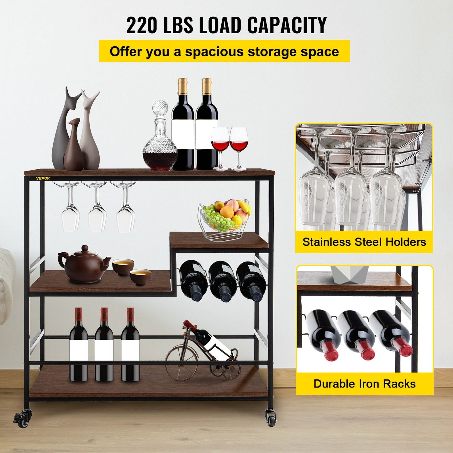 Rustic Bar Cart, 3-Tier Industrial Bar Cart for Home, Bar Cart with Wine Rack & Glass Holders, 35.4 x 15.7 x 37.4 inches Home Bar & Serving Carts, Wine Cart on Wheels, Glass Bar Cart Brown