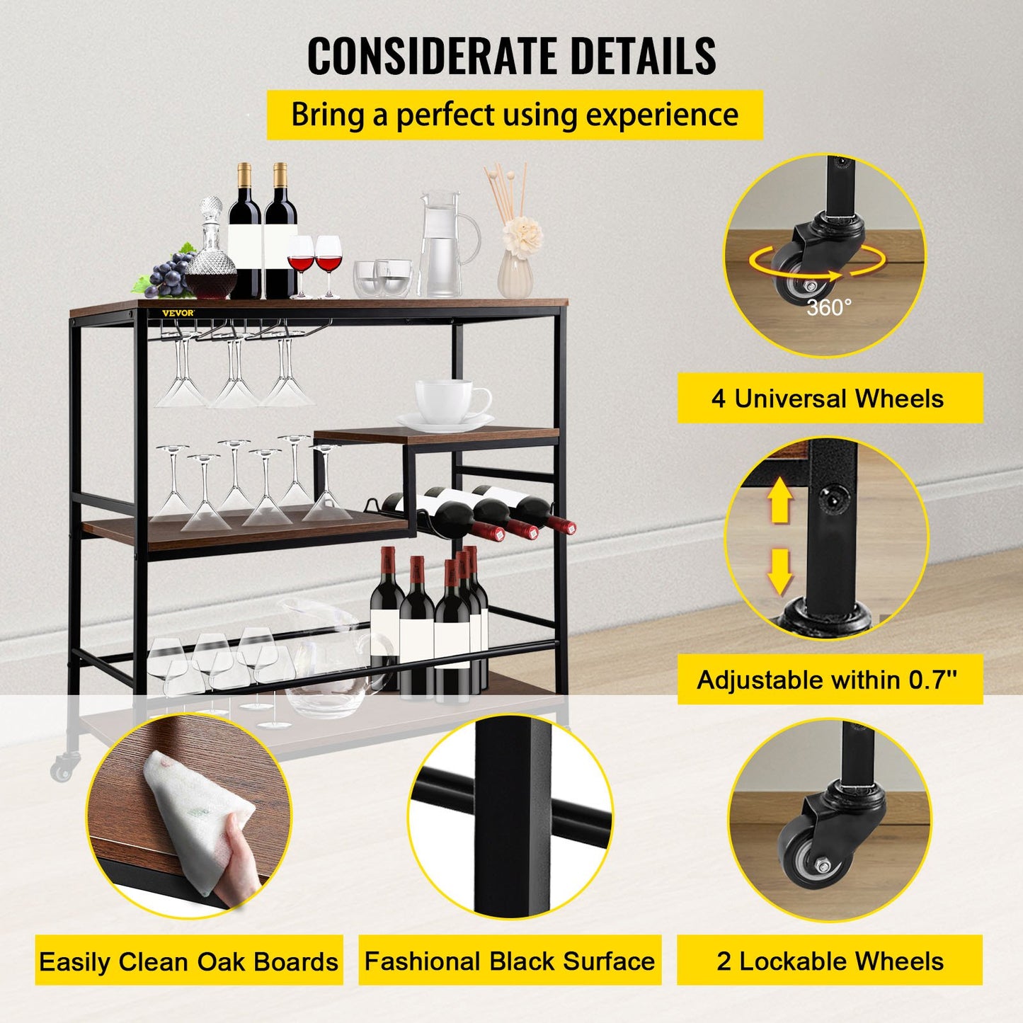 Rustic Bar Cart, 3-Tier Industrial Bar Cart for Home, Bar Cart with Wine Rack & Glass Holders, 35.4 x 15.7 x 37.4 inches Home Bar & Serving Carts, Wine Cart on Wheels, Glass Bar Cart Brown