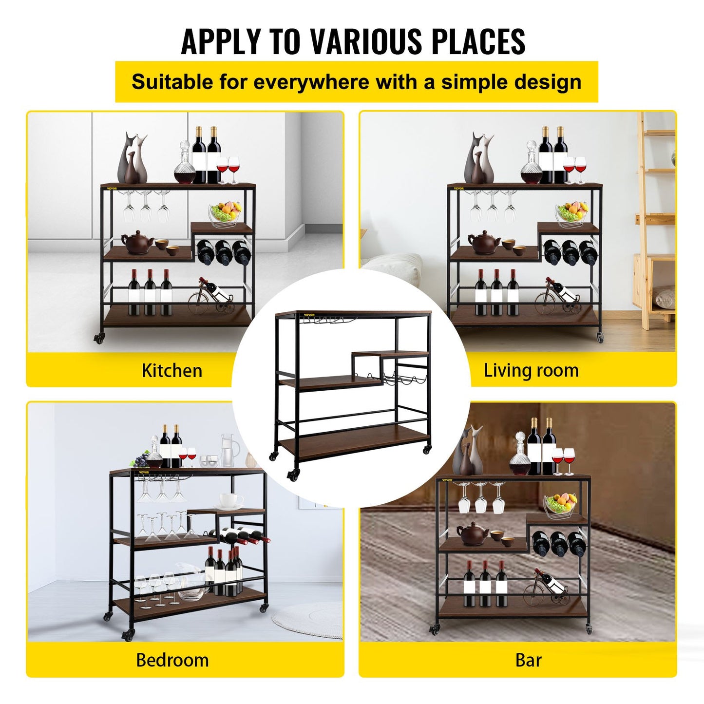 Rustic Bar Cart, 3-Tier Industrial Bar Cart for Home, Bar Cart with Wine Rack & Glass Holders, 35.4 x 15.7 x 37.4 inches Home Bar & Serving Carts, Wine Cart on Wheels, Glass Bar Cart Brown