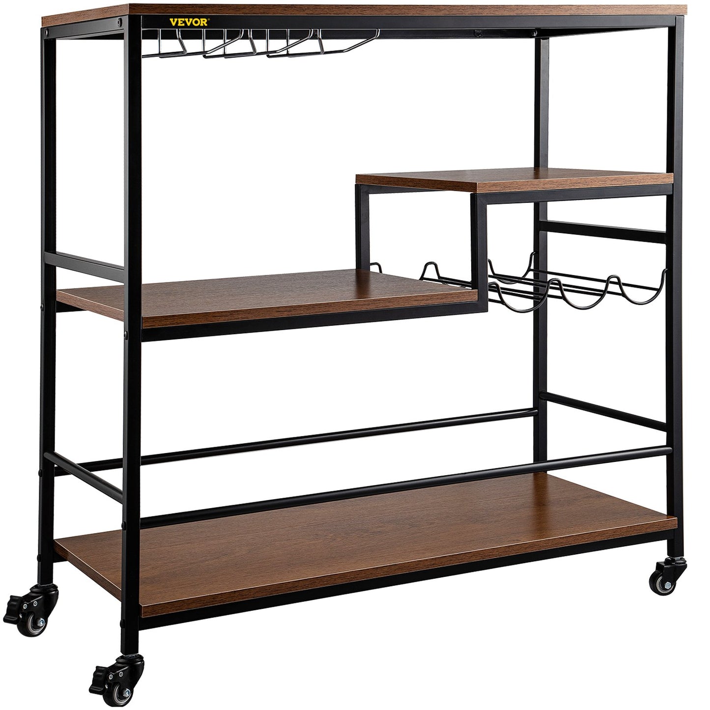 Rustic Bar Cart, 3-Tier Industrial Bar Cart for Home, Bar Cart with Wine Rack & Glass Holders, 35.4 x 15.7 x 37.4 inches Home Bar & Serving Carts, Wine Cart on Wheels, Glass Bar Cart Brown