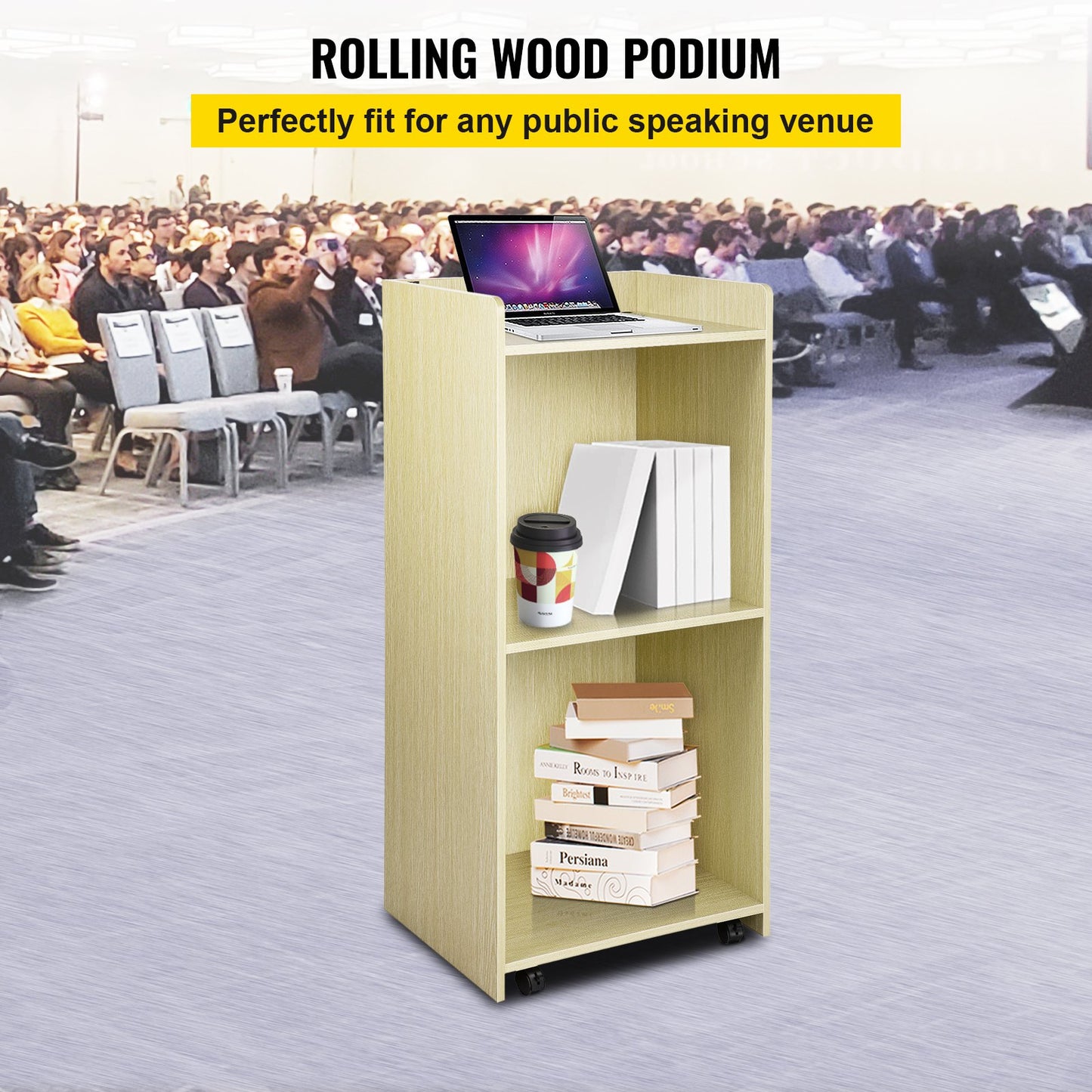 Wood Podium, 39.4 x 20 FT, Lecterns and Podiums w/ 4 Rolling Wheels, Baffle Plate & Shelf, Easy Assembly Oak Wood Lecterns for Church, Office, School, Home White