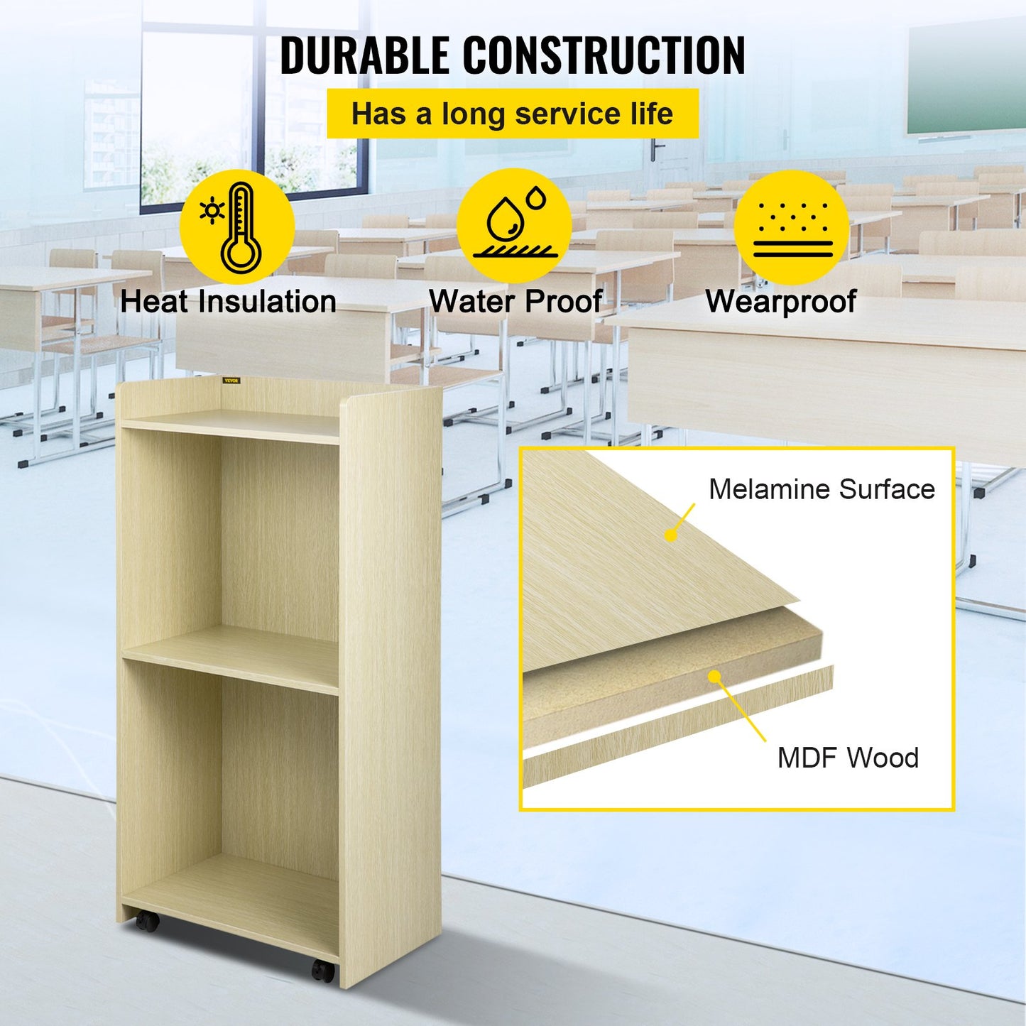 Wood Podium, 39.4 x 20 FT, Lecterns and Podiums w/ 4 Rolling Wheels, Baffle Plate & Shelf, Easy Assembly Oak Wood Lecterns for Church, Office, School, Home White