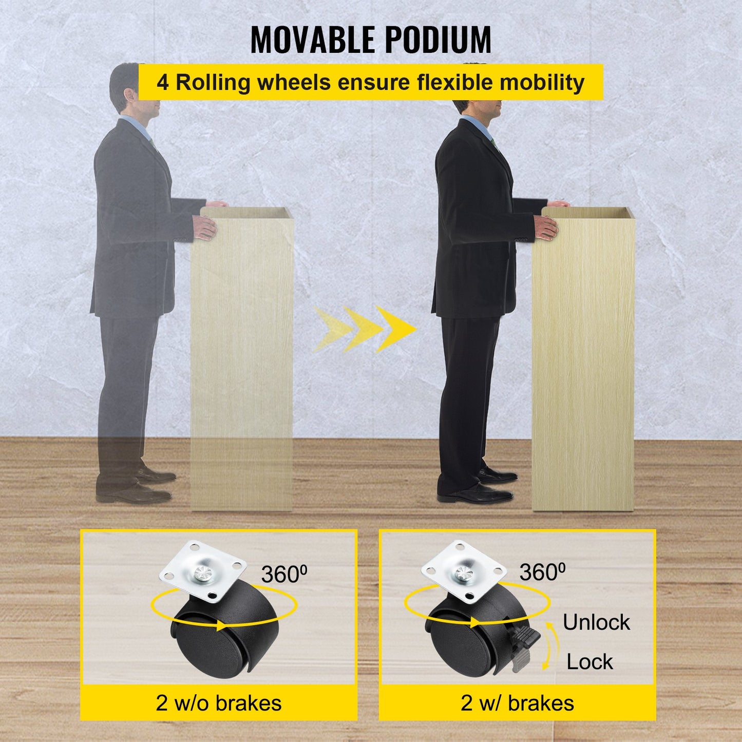 Wood Podium, 39.4 x 20 FT, Lecterns and Podiums w/ 4 Rolling Wheels, Baffle Plate & Shelf, Easy Assembly Oak Wood Lecterns for Church, Office, School, Home White