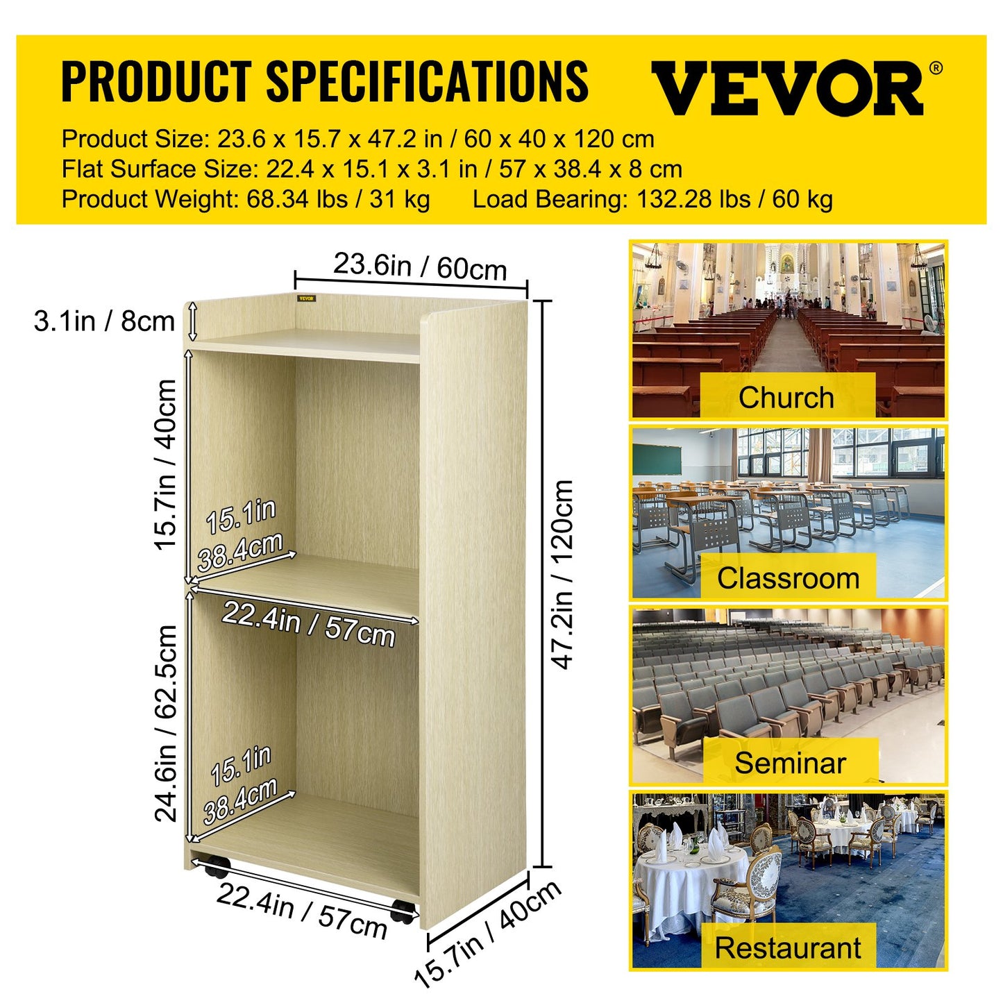 Wood Podium, 39.4 x 20 FT, Lecterns and Podiums w/ 4 Rolling Wheels, Baffle Plate & Shelf, Easy Assembly Oak Wood Lecterns for Church, Office, School, Home White
