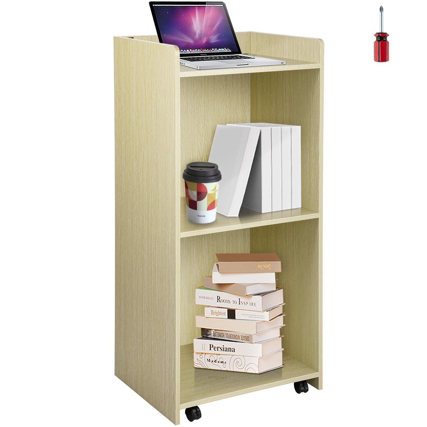 Wood Podium, 39.4 x 20 FT, Lecterns and Podiums w/ 4 Rolling Wheels, Baffle Plate & Shelf, Easy Assembly Oak Wood Lecterns for Church, Office, School, Home White