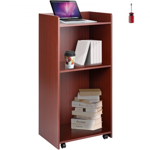 Wood Podium, 2 x 4 FT, Lecterns and Podiums w/ 4 Rolling Wheels, Baffle Plate & Shelf, Easy Assembly Walnut Wood Lecterns for Church, Office, School, Home