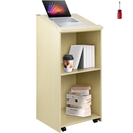 Wood Podium, 39.4 x 20 FT, Lecterns and Podiums w/ 4 Rolling Wheels, Slant Surface, Baffle Plate & Shelf, Easy Assembly Oak Lecterns for Church, Office, School, Home White