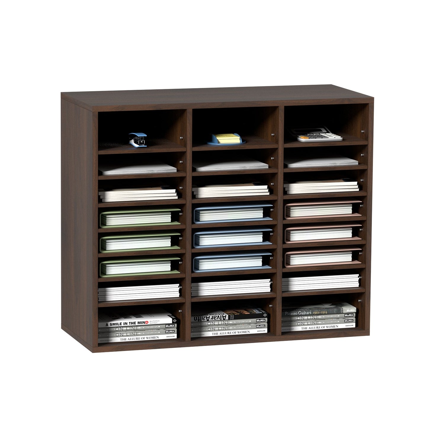 Literature Organizers, 24 Compartments Office Mailbox with Adjustable Shelves, Wood Literature Sorter 29x12x24.4 inches for Office, Home, Classroom, Mailrooms Organization, EPA Certified, Brown