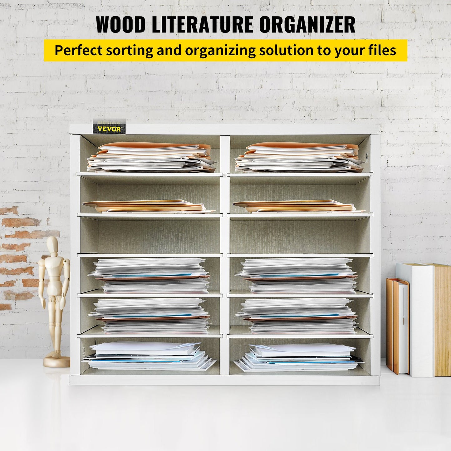 Wood Literature Organizer, 12 Compartments, Adjustable Shelves, Medium Density Fiberboard Mail Center, Office Home School Storage for Files, Documents, Papers, Magazines, White