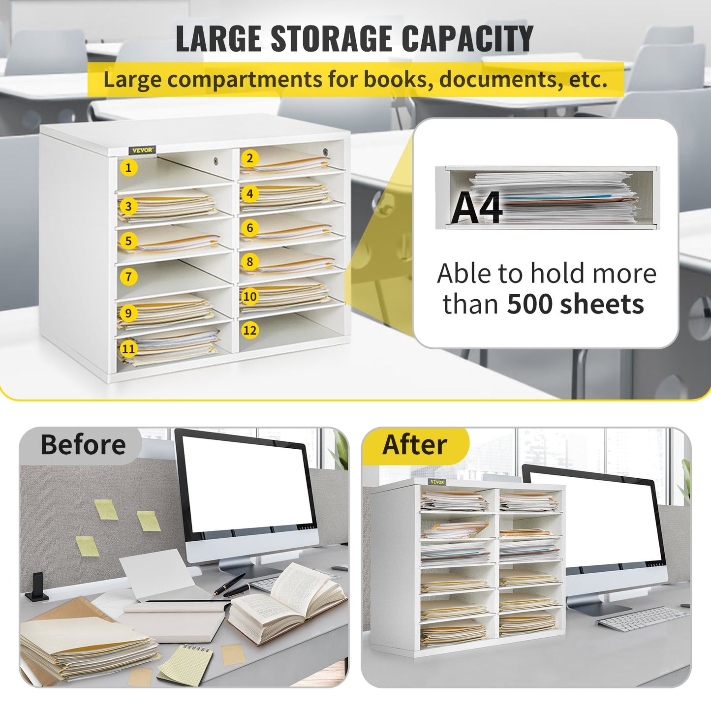 Wood Literature Organizer, 12 Compartments, Adjustable Shelves, Medium Density Fiberboard Mail Center, Office Home School Storage for Files, Documents, Papers, Magazines, White