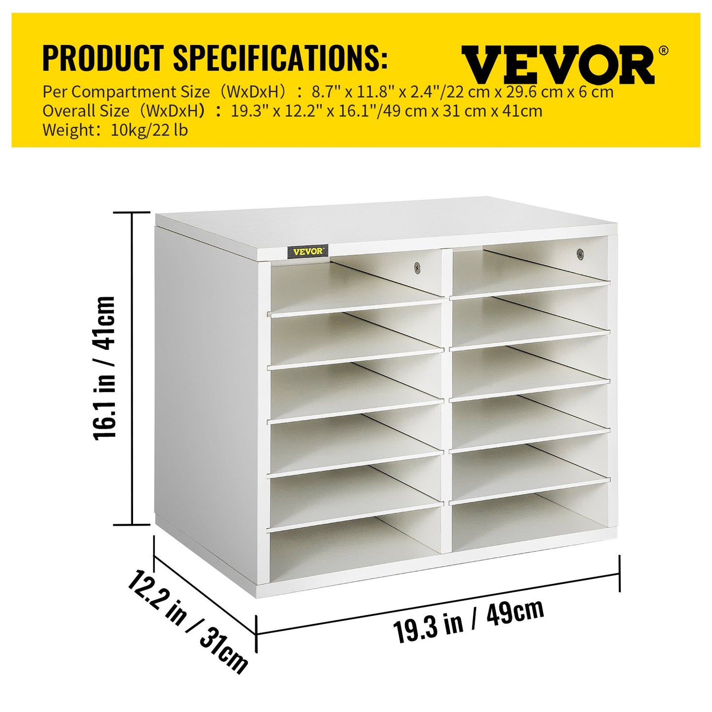 Wood Literature Organizer, 12 Compartments, Adjustable Shelves, Medium Density Fiberboard Mail Center, Office Home School Storage for Files, Documents, Papers, Magazines, White