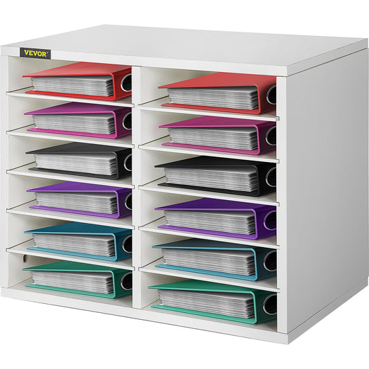 Wood Literature Organizer, 12 Compartments, Adjustable Shelves, Medium Density Fiberboard Mail Center, Office Home School Storage for Files, Documents, Papers, Magazines, White