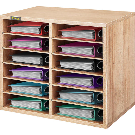 Wood Literature Organizer, 12 Compartments, Adjustable Shelves, Medium Density Fiberboard Mail Center, Office Home School Storage for Files, Documents, Papers, Magazines, Burlywood