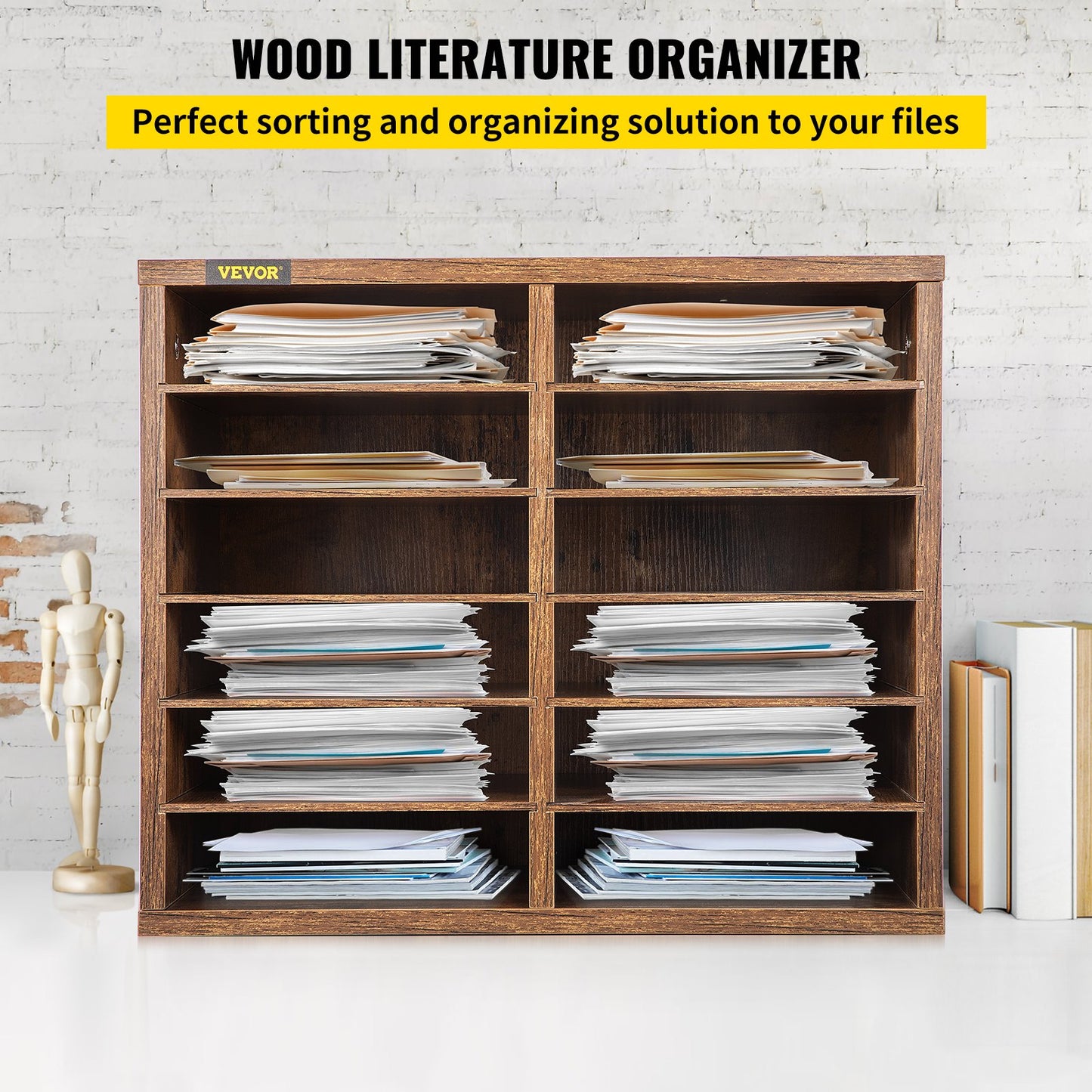 Wood Literature Organizer, 12 Compartments, Adjustable Shelves, Medium Density Fiberboard Mail Center, Office Home School Storage for Files, Documents, Papers, Magazines
