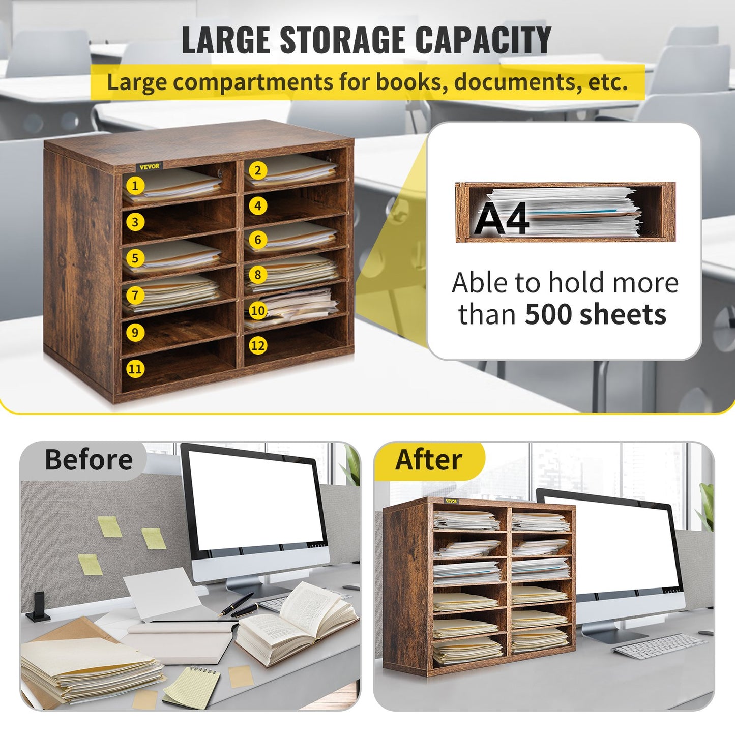 Wood Literature Organizer, 12 Compartments, Adjustable Shelves, Medium Density Fiberboard Mail Center, Office Home School Storage for Files, Documents, Papers, Magazines