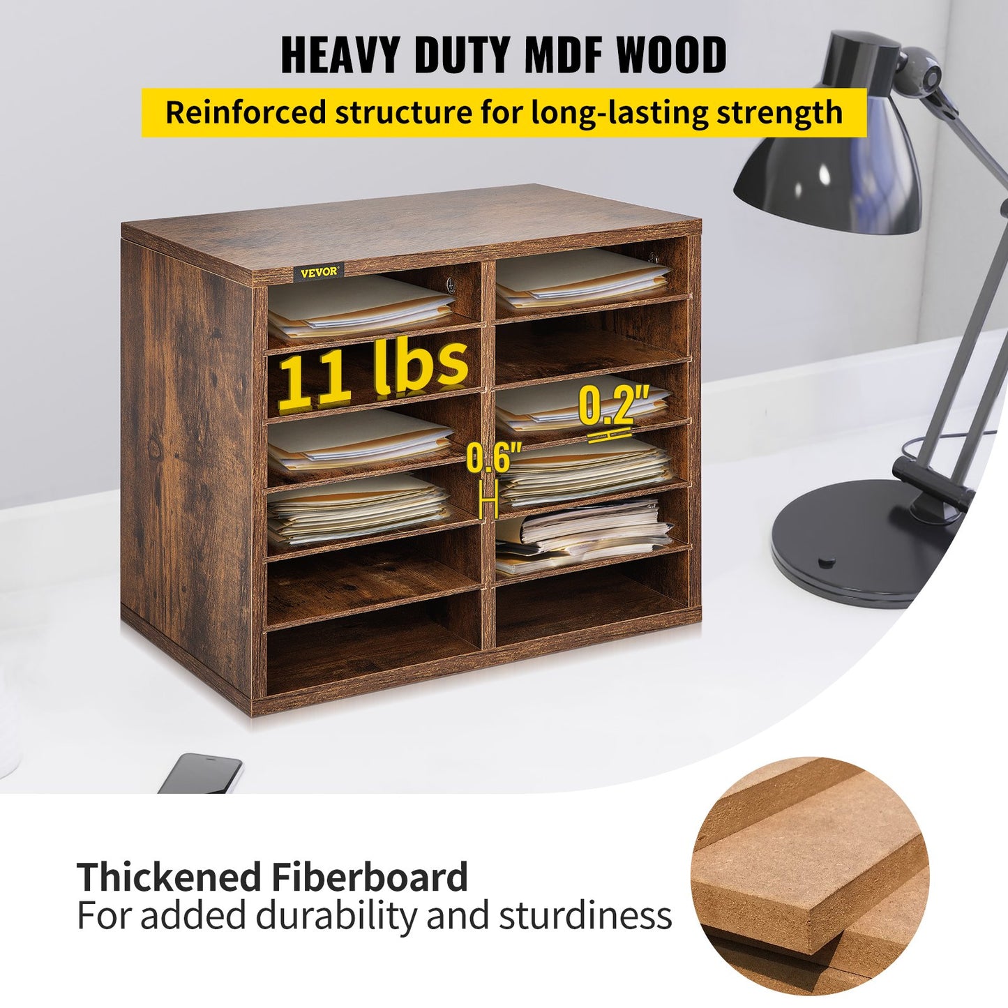 Wood Literature Organizer, 12 Compartments, Adjustable Shelves, Medium Density Fiberboard Mail Center, Office Home School Storage for Files, Documents, Papers, Magazines