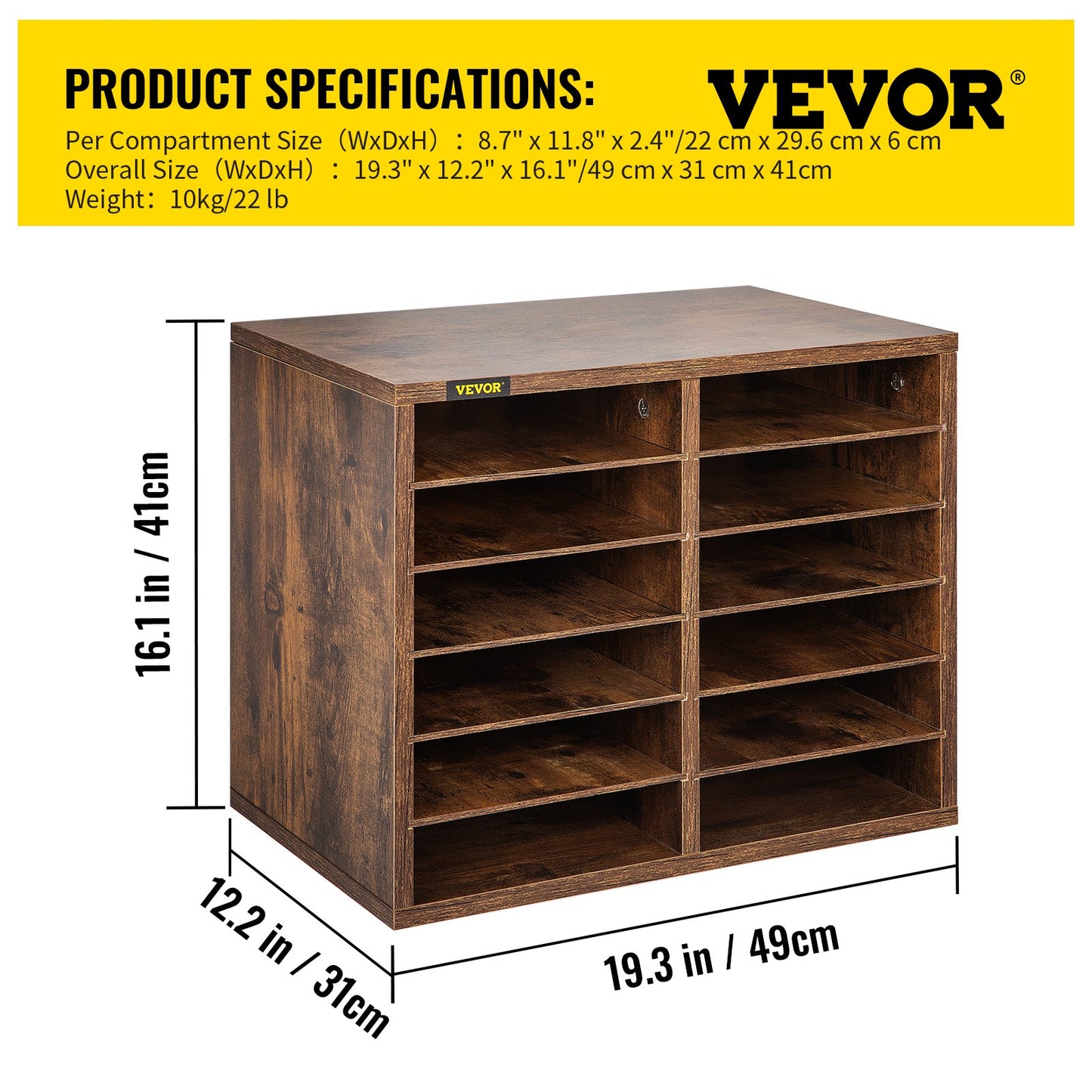 Wood Literature Organizer, 12 Compartments, Adjustable Shelves, Medium Density Fiberboard Mail Center, Office Home School Storage for Files, Documents, Papers, Magazines