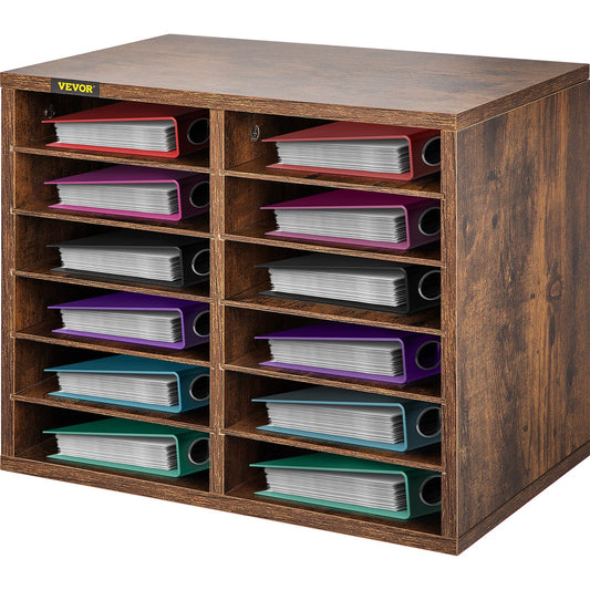 Wood Literature Organizer, 12 Compartments, Adjustable Shelves, Medium Density Fiberboard Mail Center, Office Home School Storage for Files, Documents, Papers, Magazines