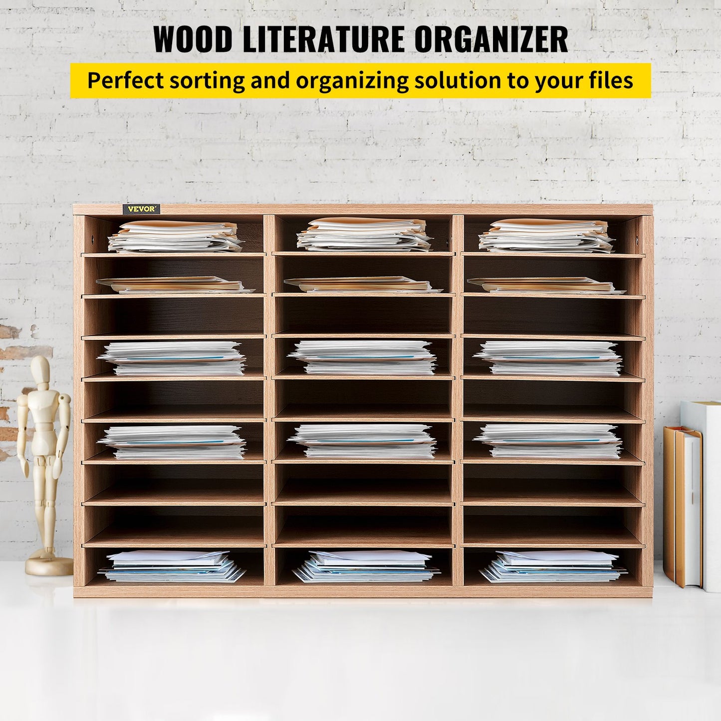Wood Literature Organizer, 27 Compartments, Adjustable Shelves, Medium Density Fiberboard Mail Center, Office Home School Storage for Files, Documents, Papers, Magazines, Burlywood