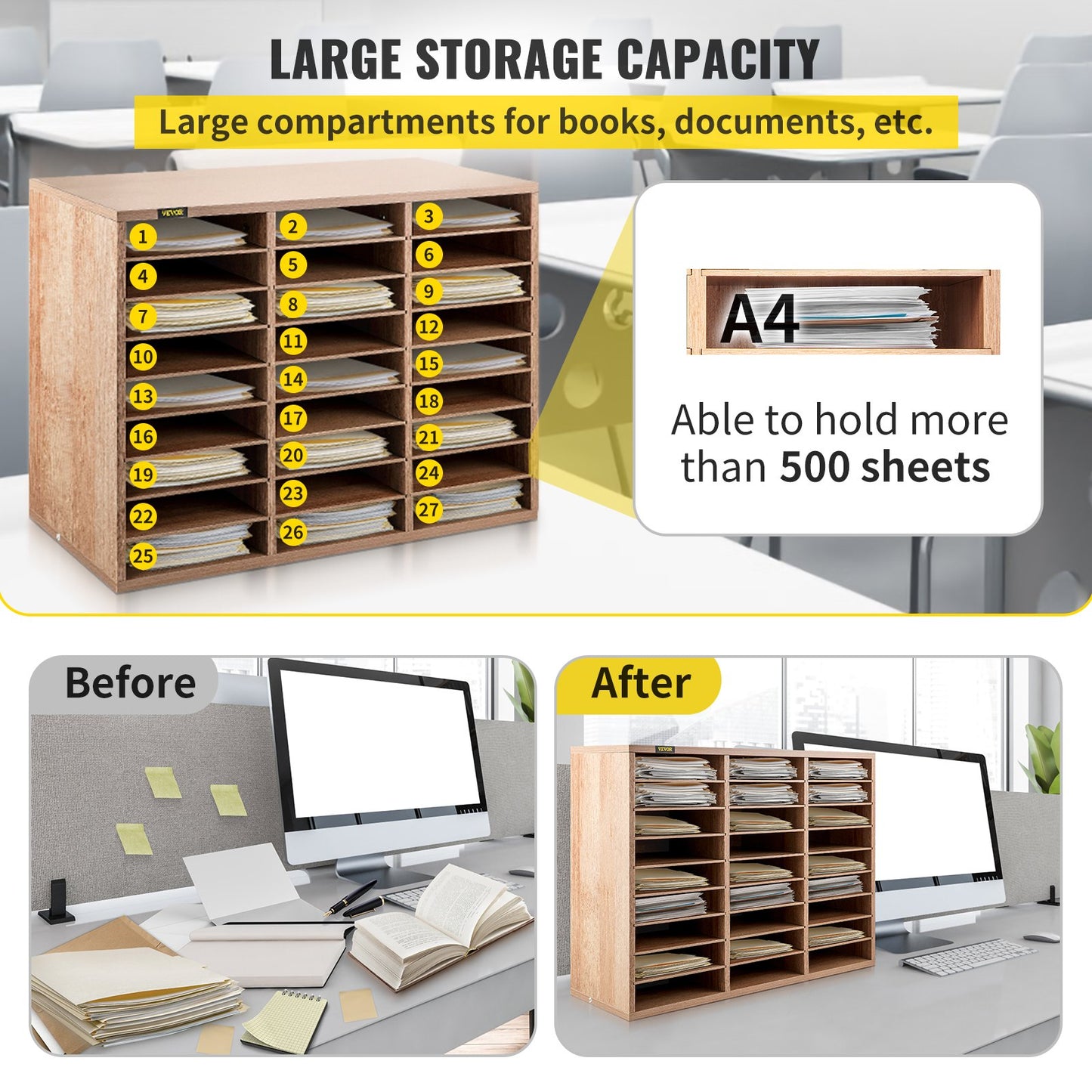 Wood Literature Organizer, 27 Compartments, Adjustable Shelves, Medium Density Fiberboard Mail Center, Office Home School Storage for Files, Documents, Papers, Magazines, Burlywood