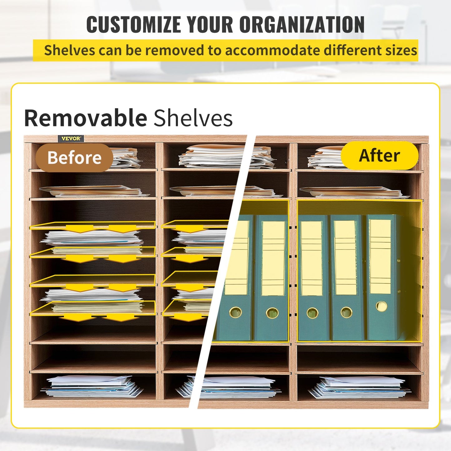 Wood Literature Organizer, 27 Compartments, Adjustable Shelves, Medium Density Fiberboard Mail Center, Office Home School Storage for Files, Documents, Papers, Magazines, Burlywood