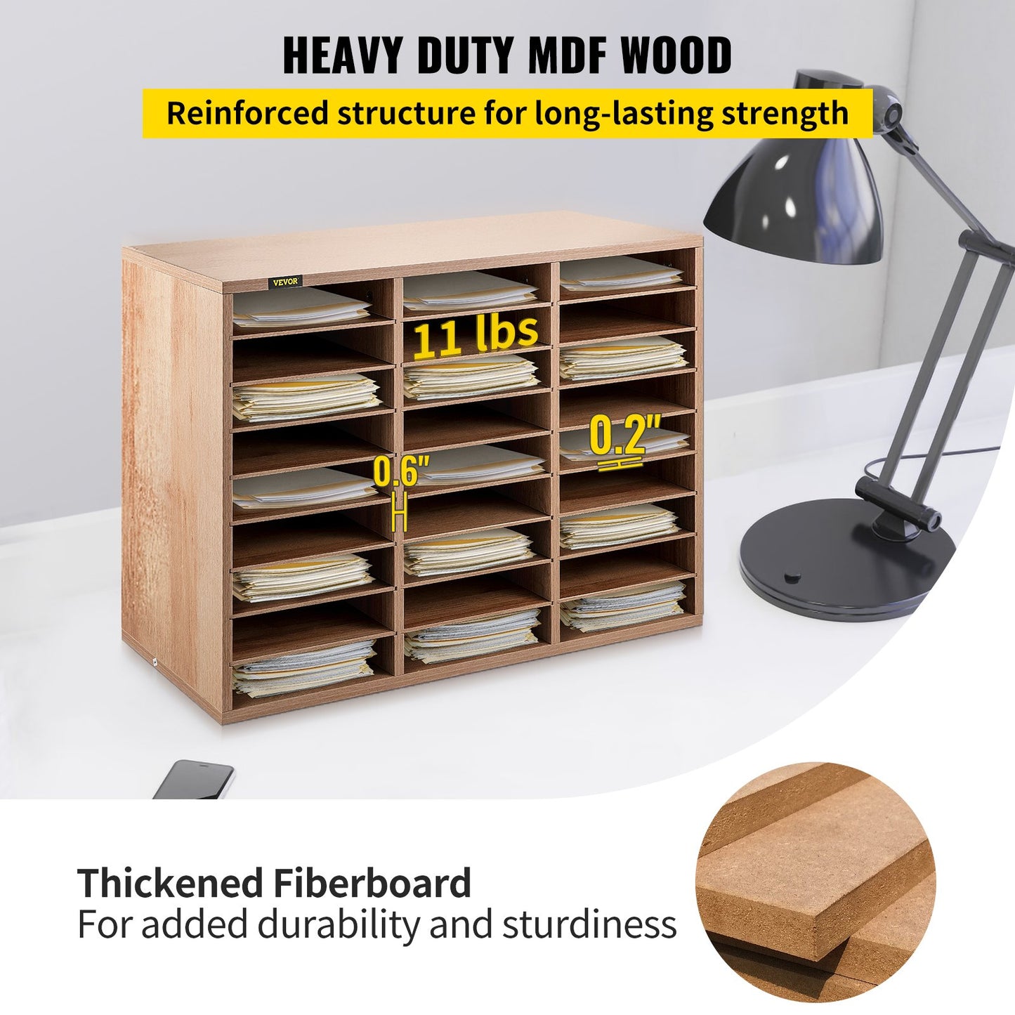Wood Literature Organizer, 27 Compartments, Adjustable Shelves, Medium Density Fiberboard Mail Center, Office Home School Storage for Files, Documents, Papers, Magazines, Burlywood