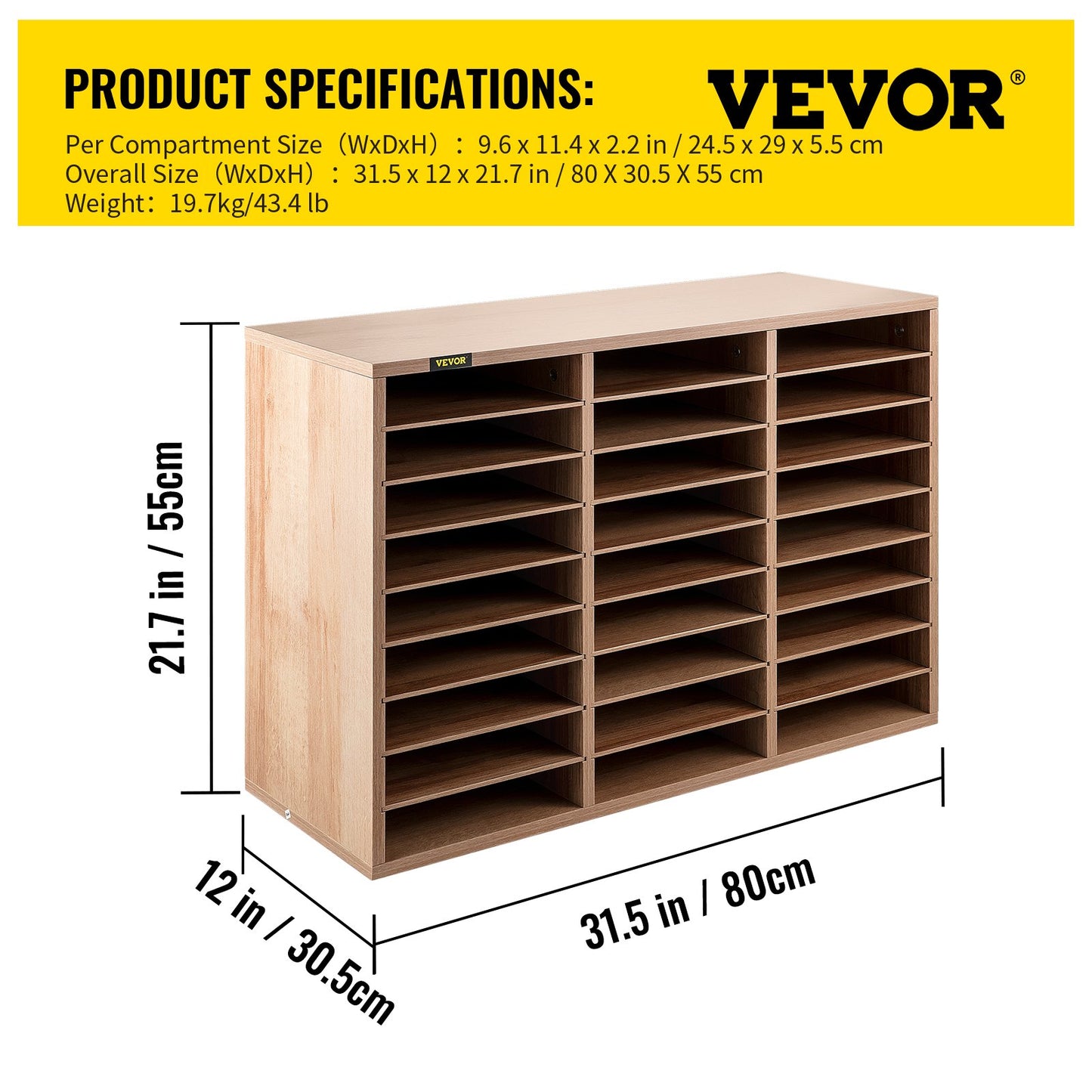 Wood Literature Organizer, 27 Compartments, Adjustable Shelves, Medium Density Fiberboard Mail Center, Office Home School Storage for Files, Documents, Papers, Magazines, Burlywood