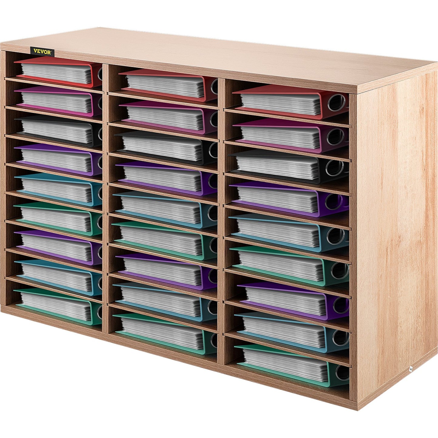 Wood Literature Organizer, 27 Compartments, Adjustable Shelves, Medium Density Fiberboard Mail Center, Office Home School Storage for Files, Documents, Papers, Magazines, Burlywood