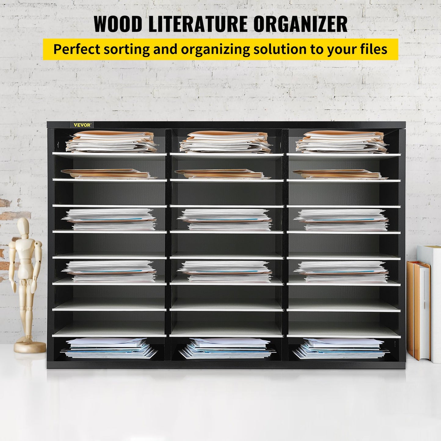 Wood Literature Organizer, 27 Compartments, Adjustable Shelves, Medium Density Fiberboard Mail Center, Office Home School Storage for Files, Documents, Papers, Magazines, Black+White