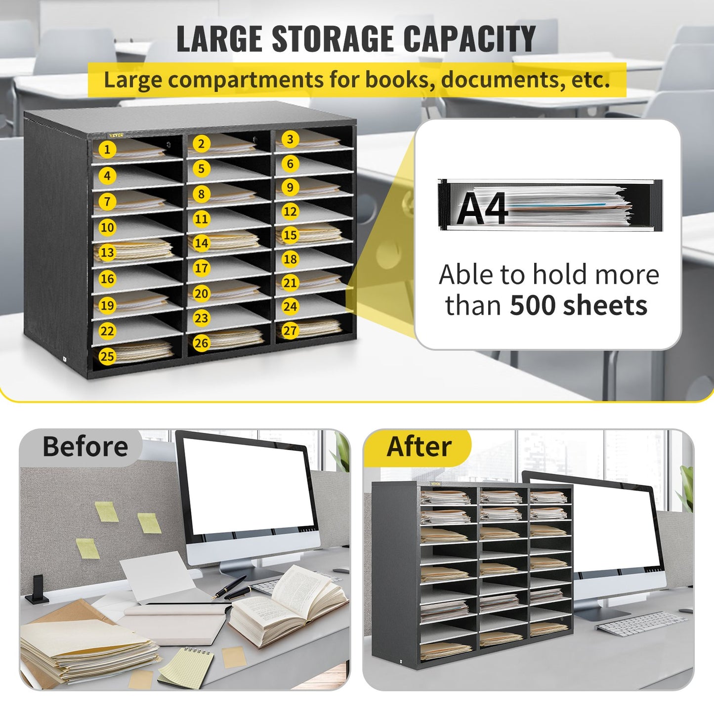 Wood Literature Organizer, 27 Compartments, Adjustable Shelves, Medium Density Fiberboard Mail Center, Office Home School Storage for Files, Documents, Papers, Magazines, Black+White