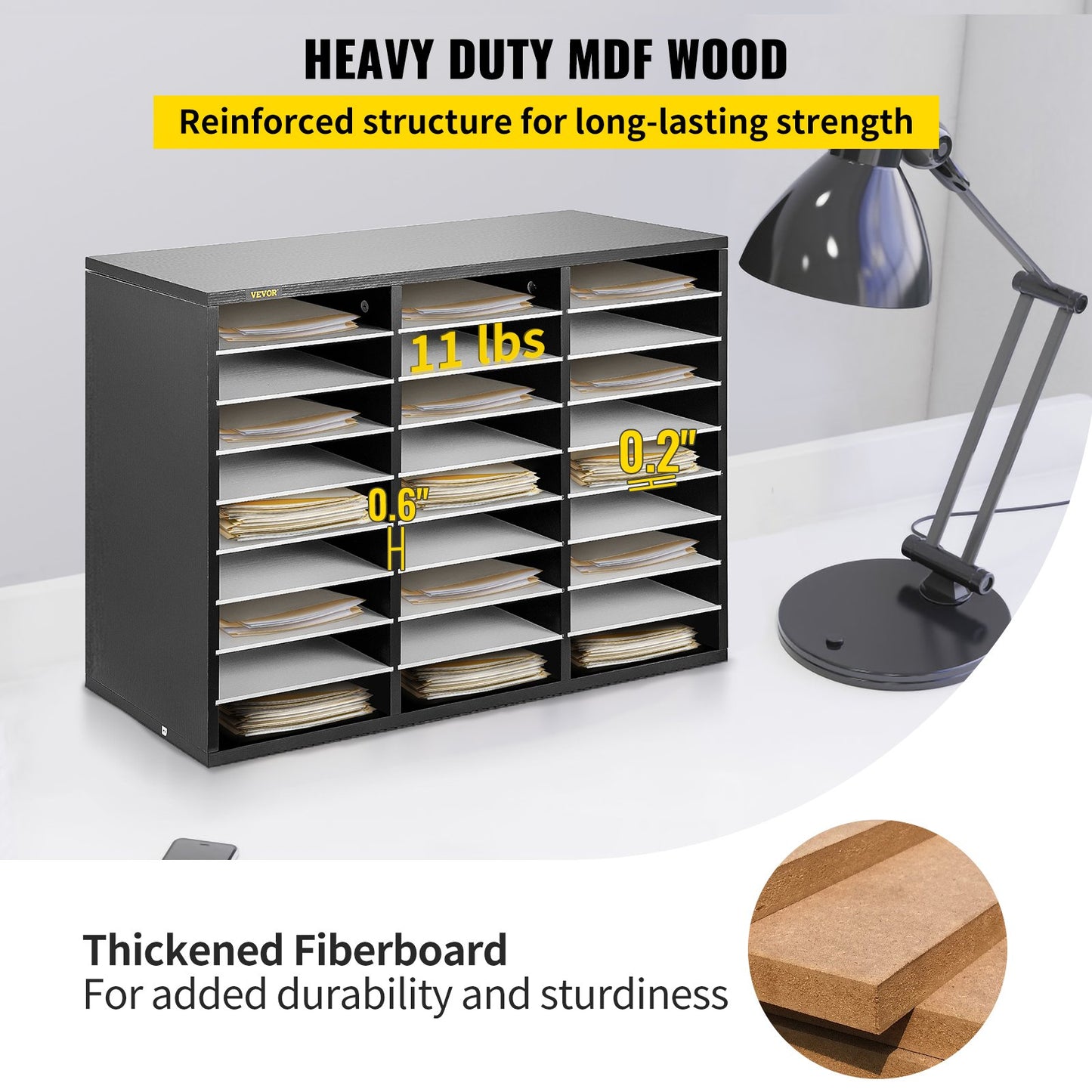 Wood Literature Organizer, 27 Compartments, Adjustable Shelves, Medium Density Fiberboard Mail Center, Office Home School Storage for Files, Documents, Papers, Magazines, Black+White